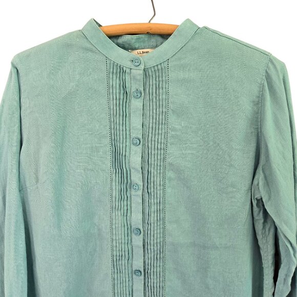 L.L.Bean Womens Medium Turquoise Linen Button-Down Long Sleeve Shirt Pintuck - Picture 5 of 9